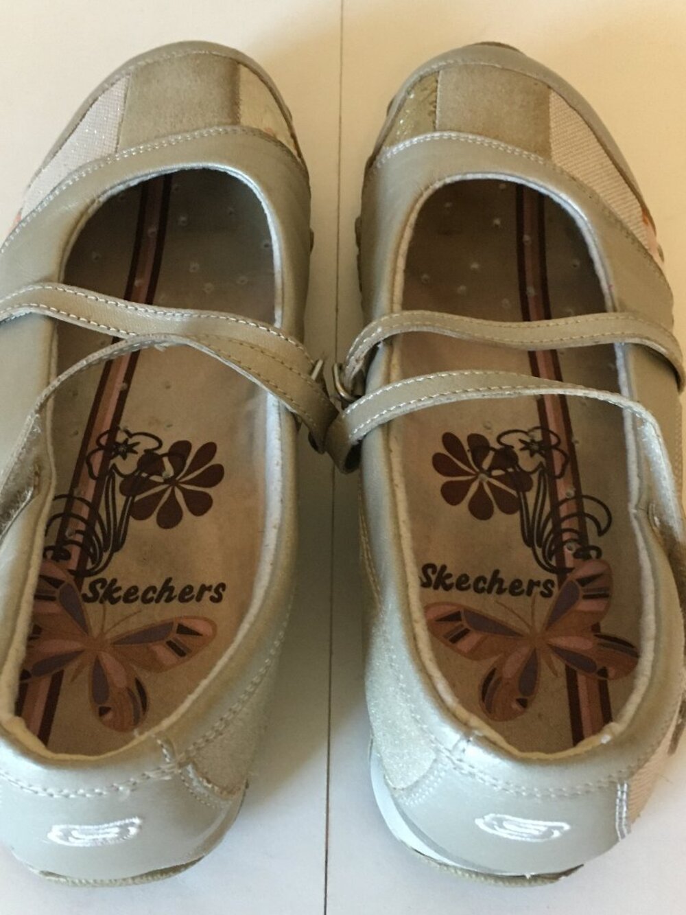 Skechers Mary Jane Shoes 7 Patchwork Beige Gold Neutral Floral Flats Leather y2k - Picture 4 of 8